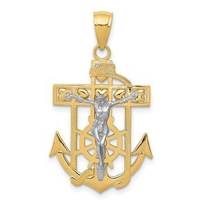 14k Two-Tone Gold Textured Mariner Crucifix Pendant, 18 x 33mm